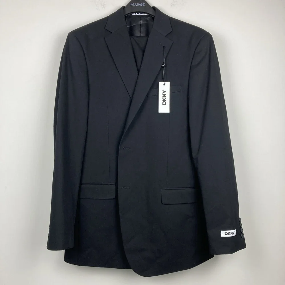 DKNY Mens Modern Fit 2 Piece Suit 43R 36W 32L Black Solid Stretch